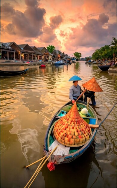 Photo des bateaux en bois sur la rivière thu bon hoi an hoian vietnam