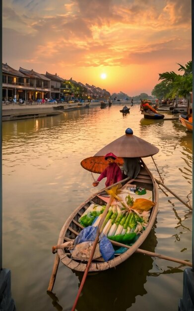 Photo des bateaux en bois sur la rivière thu bon hoi an hoian vietnam