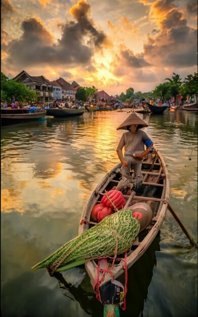 Photo des bateaux en bois sur la rivière thu bon hoi an hoian vietnam