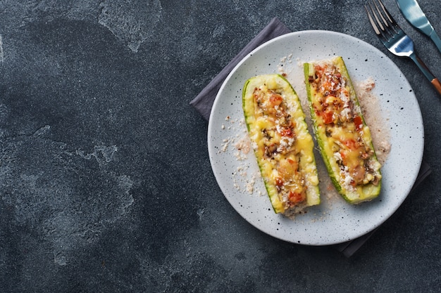 Bateaux de courgettes farcies au four avec champignons de poulet émincés et légumes avec du fromage sur une assiette. fond