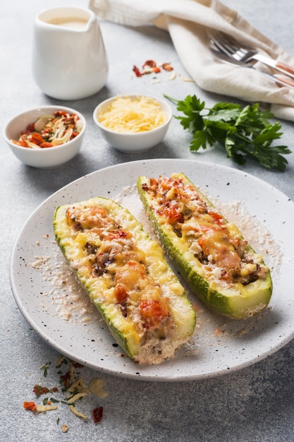 Bateaux de courgettes farcies au four avec champignons de poulet émincés et légumes avec du fromage sur une assiette.