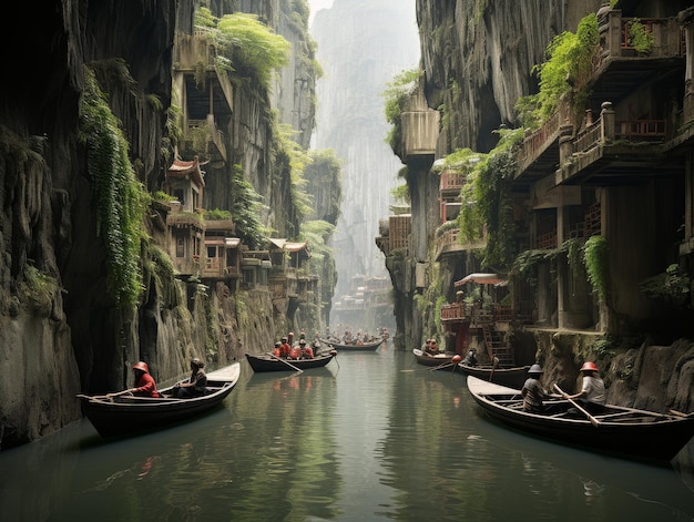 Des bateaux dans un fleuve étroit