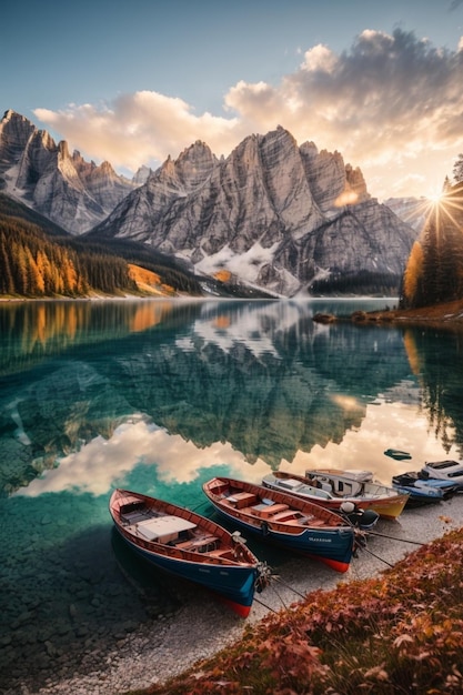 Des bateaux dans un lac avec un beau fond