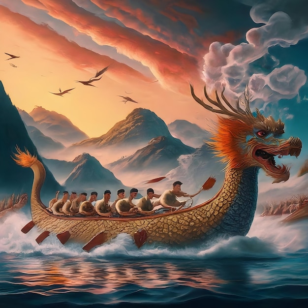 Photo des bateaux-dragons à rames pendant l'illustration de l'ia générative de duanwu