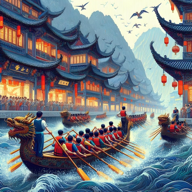 Photo des bateaux-dragons à rames pendant l'illustration de l'ia générative de duanwu