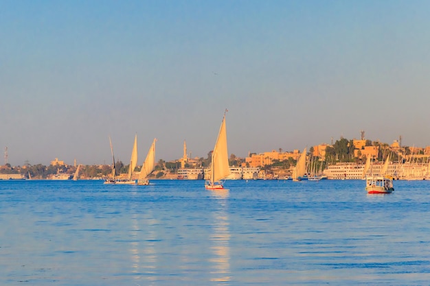 Bateaux felouques naviguant sur le Nil à Louxor, Egypte. Voiliers égyptiens traditionnels