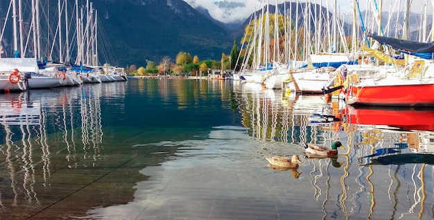 Bateaux garés au quai des yachts à voile au lac de montagne en automne