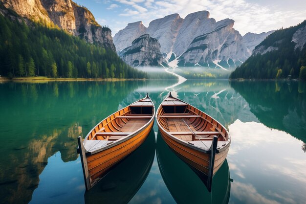 Photo des bateaux sur le lac braies dans les dolomites sudtirol italie