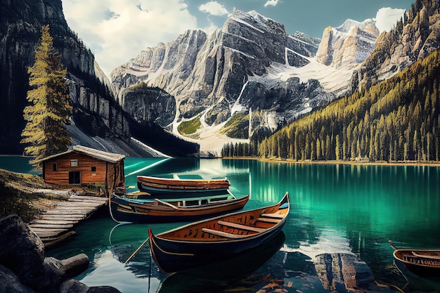 Bateaux sur le lac Braies Pragser Wildsee dans les montagnes des Dolomites Generative Ai