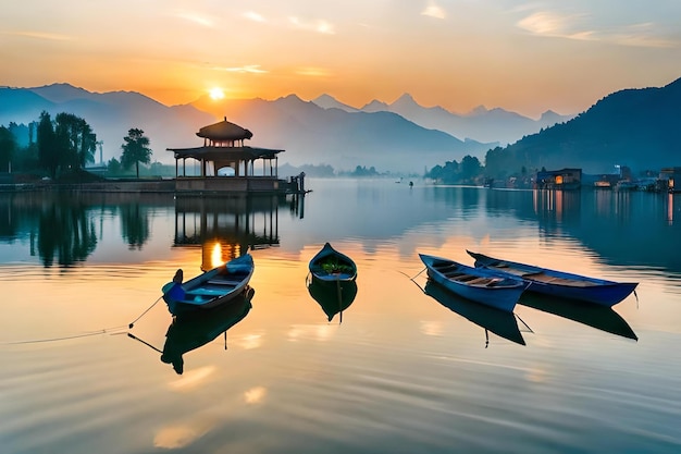 Bateaux sur un lac avec des montagnes en arrière-plan