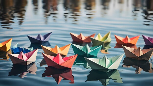 Photo des bateaux en papier origami colorés naviguant dans l'eau, image générée par l'ia