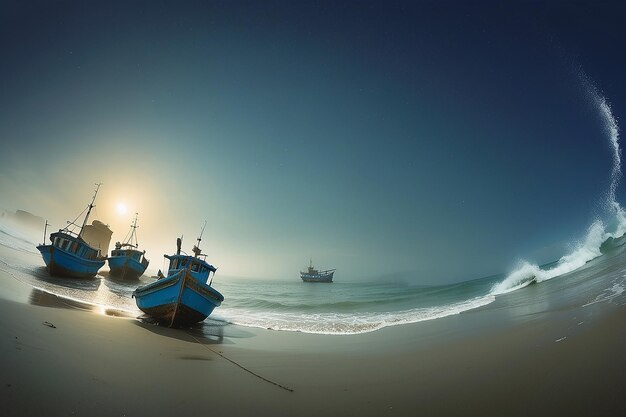 Photo des bateaux de pêche bleus sur une côte océanique à essaouira, au maroc