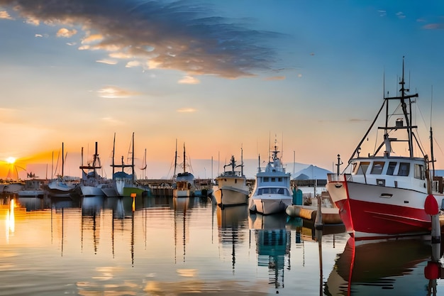 des bateaux de pêche dans le port au coucher du soleil