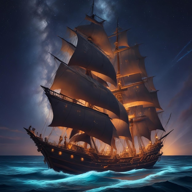 Des bateaux pirates naviguant dans une mer bioluminescente avec une galaxie dans le ciel