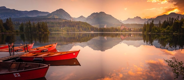 Bateaux rouges sur le lac Strbske pleso Matin vue sur le Parc National des Hautes Tatras Slovaquie Europe Panorama