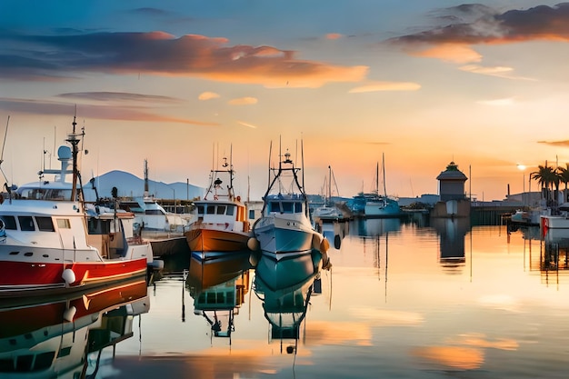 Les bateaux sont amarrés dans un port avec un coucher de soleil en arrière-plan.