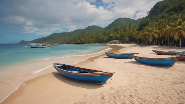 Des bateaux de touristes sur une plage de sable vide