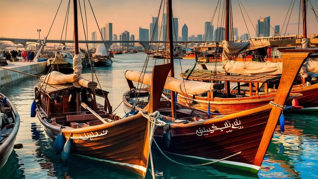 Photo des bateaux traditionnels au port de dhow à doha, au qatar