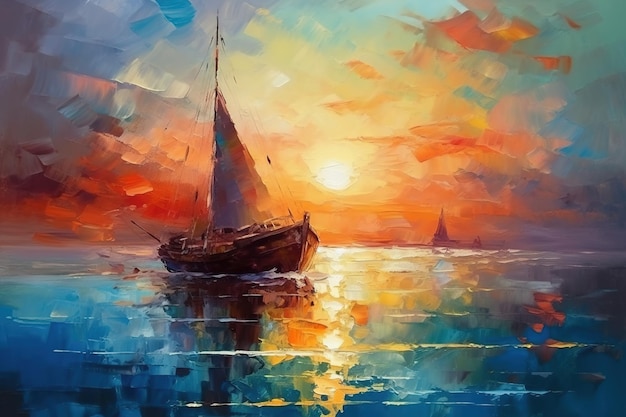 Des bateaux à voile sur la mer Peinture à l'huile d'art moderne Paysage marin dans le style de l'impressionnisme Image générative de l'IA