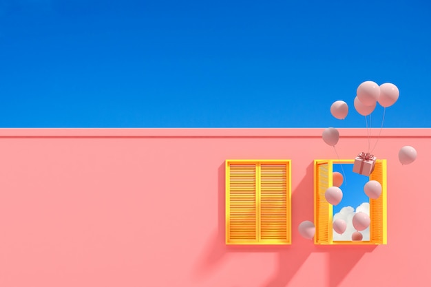 Bâtiment abstrait minimal avec fenêtre jaune et ballons flottants sur fond de ciel bleu, conception architecturale avec ombre et ombre sur la texture rose. Rendu 3D.