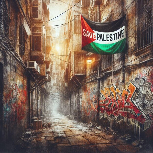 Un bâtiment altéré affiche une bannière Save Palestine au milieu de graffitis représentant la solidarité