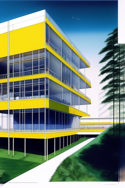 Un bâtiment avec un arbre vert à l'avant et un bâtiment bleu et jaune à l'arrière-plan.