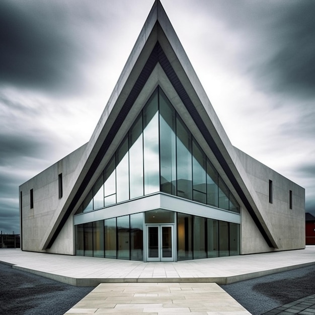 Bâtiment à arpents avec un toit triangulaire et une porte en verre