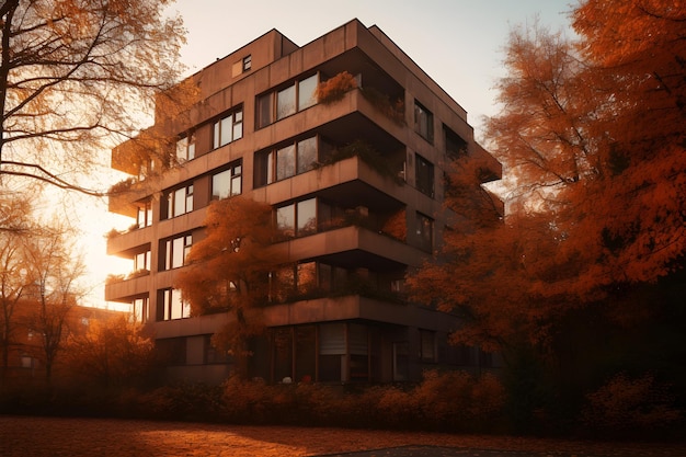 Un bâtiment au milieu d'une forêt avec le soleil couchant derrière lui.