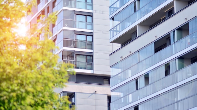 Un bâtiment avec un balcon et un arbre devant