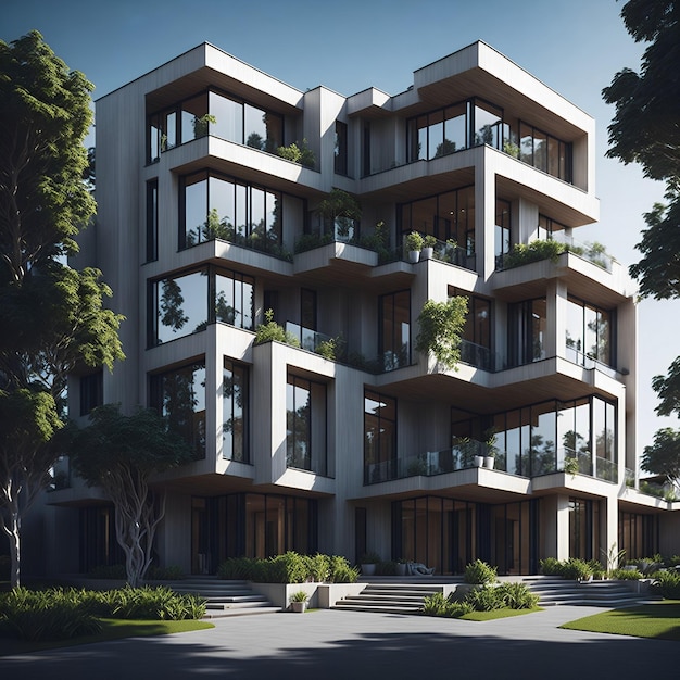 Un bâtiment avec un balcon et des arbres devant