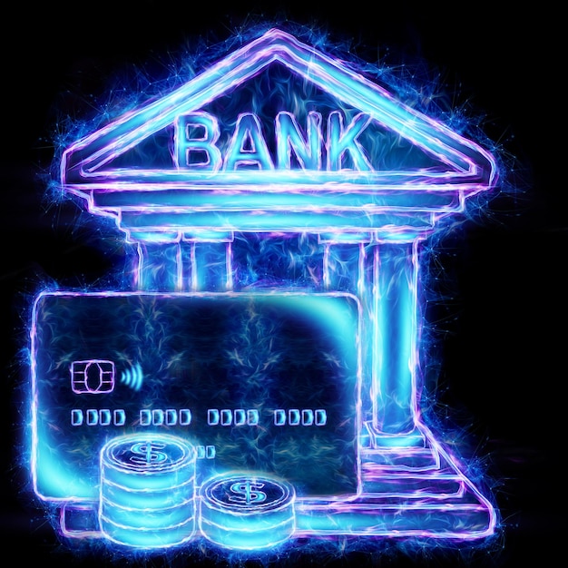 Bâtiment de banque au néon avec une carte de crédit et des pièces sur fond noirLe concept de stockage d'argent dans une banque la banque émet des prêts