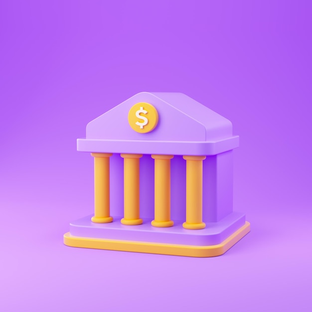 Photo bâtiment de la banque sur fond violet. illustration colorée de rendu 3d.