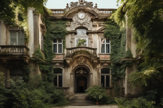 Bâtiment baroque avec des fenêtres et des portes complexes entourées d'une végétation luxuriante