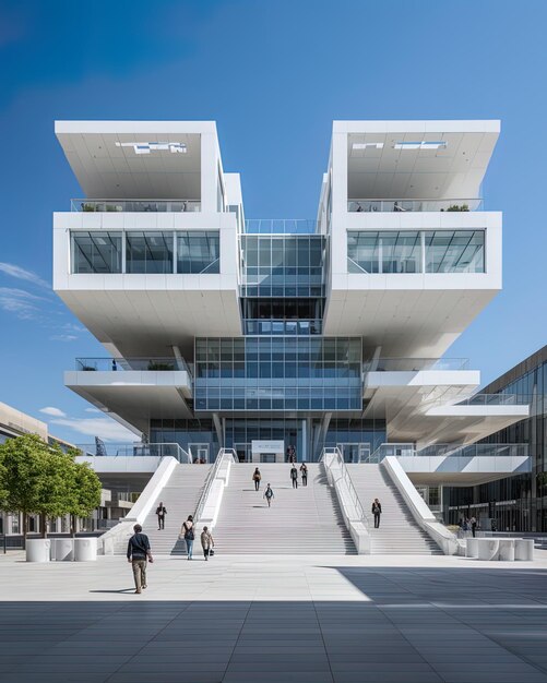 Photo un bâtiment avec beaucoup de fenêtres et des gens qui montent les escaliers