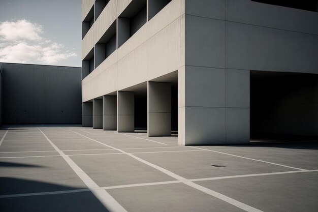 Bâtiment en béton avec un parking et un sol en ciment vide