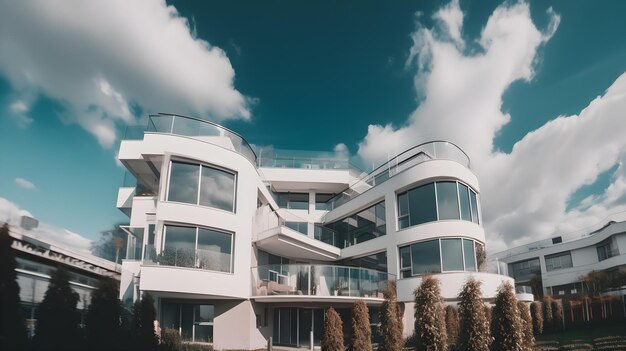 Un bâtiment blanc avec un balcon et un ciel bleu