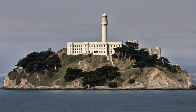 un bâtiment blanc est sur une colline surplombant l'océan