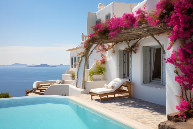 Un bâtiment blanc avec des fleurs roses