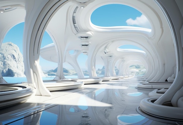 Bâtiment blanc futuriste avec piscine centrale