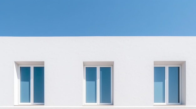 un bâtiment blanc avec trois fenêtres et un banc