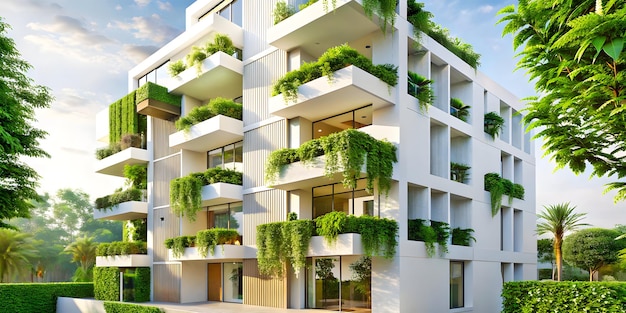 Bâtiment blanc vert urbain avec des murs végétaux