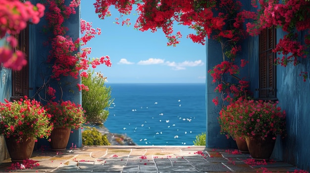Photo bâtiment bleu avec des fleurs rouges surplombant l'océan
