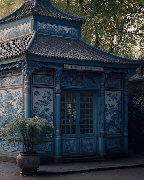 Un bâtiment bleu avec une pancarte qui dit "le jardin chinois" dessus.