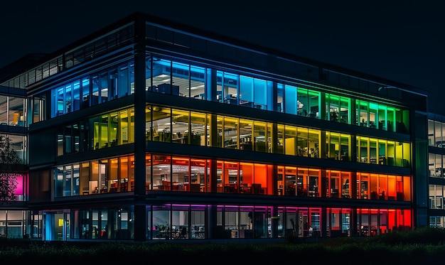 Bâtiment de bureaux animé la nuit