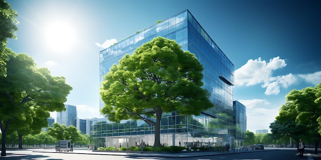 Bâtiment de bureaux moderne avec des arbres verts rendu en 3D Concept d'entreprise