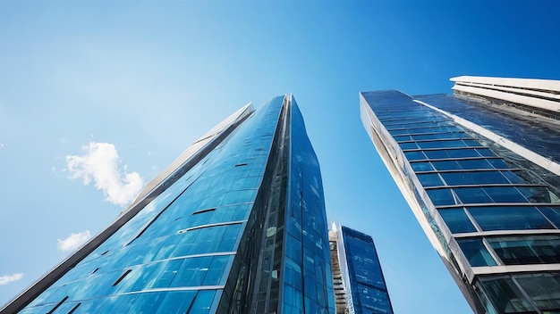 Bâtiment de bureaux moderne avec ciel bleu et façades en verre L'économie finance le concept d'activité commerciale