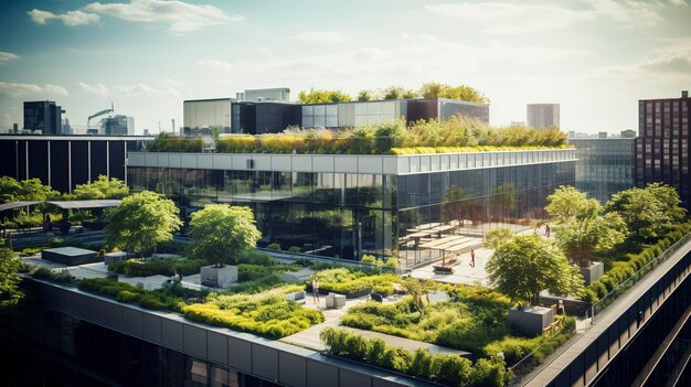 Bâtiment de bureaux moderne avec un jardin sur le toit au crépuscule avec une façade en verre et un espace de séjour extérieur