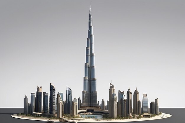 Le bâtiment Burj Khalifa en 3D sur un fond gris isolé