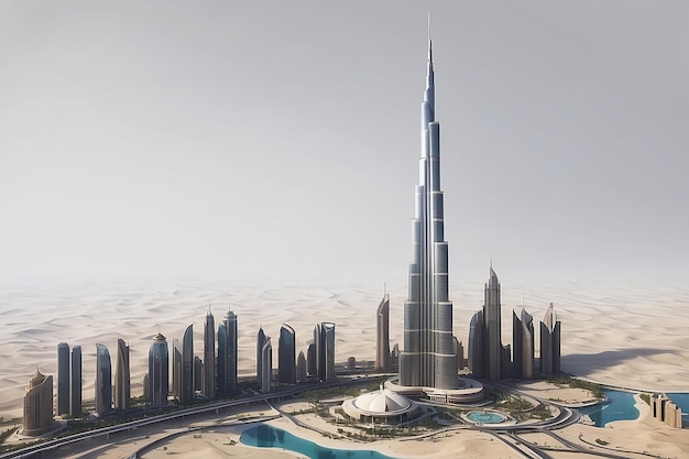 Le bâtiment Burj Khalifa en 3D sur un fond gris isolé