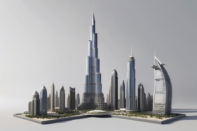 Le bâtiment Burj Khalifa en 3D sur un fond gris isolé